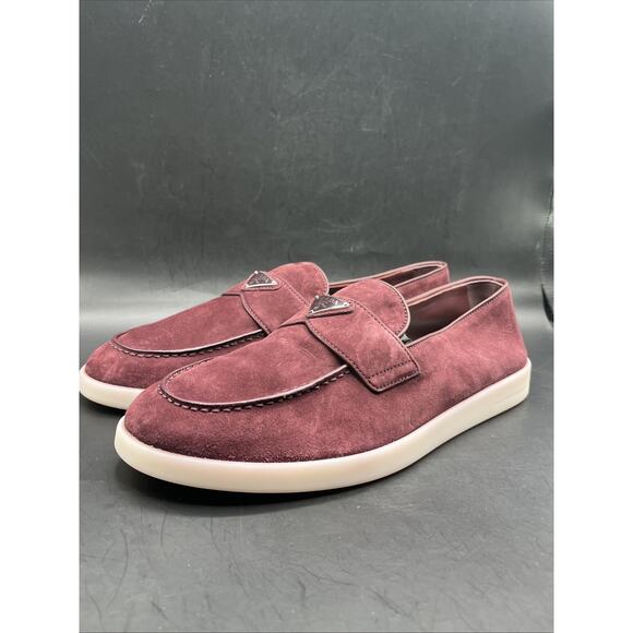 PRADA Suede Slip-On Loafers Logo Dress Shoes Men Prada Shoes Burgundy NWOTB READ main image 7